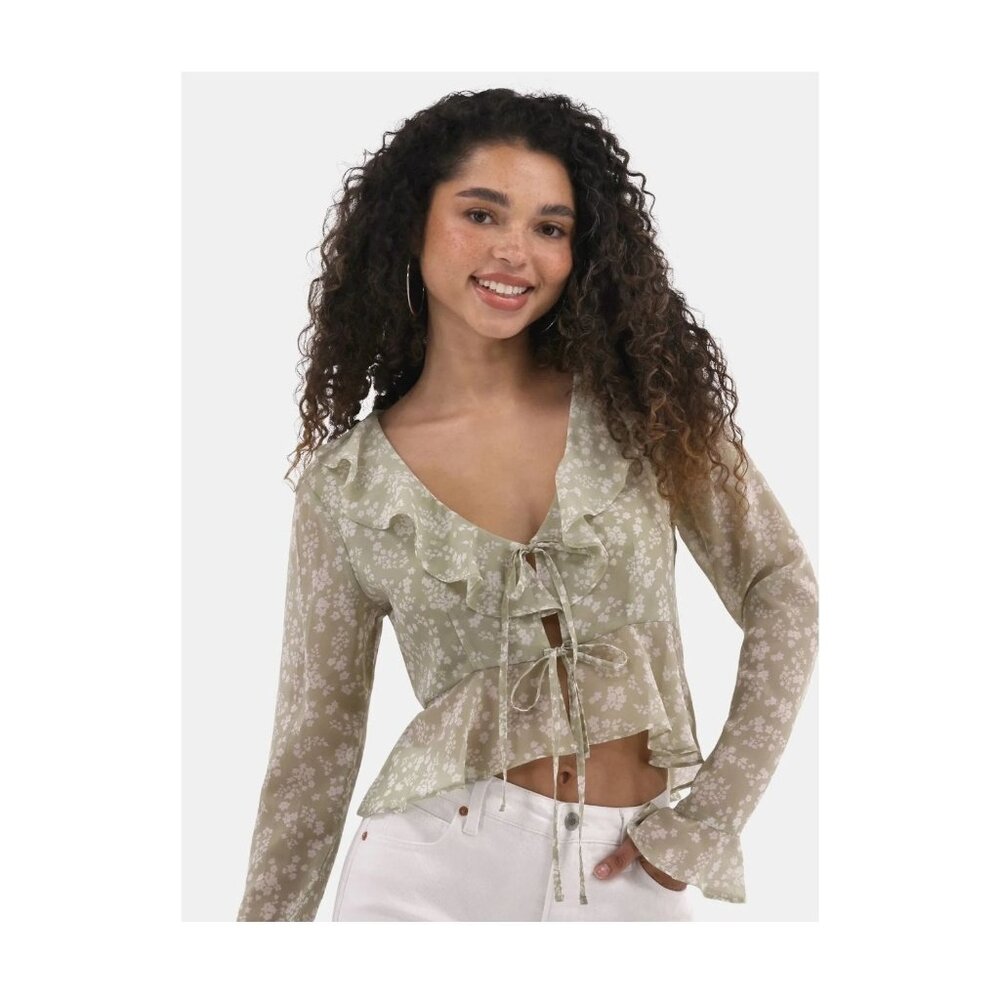 NWT Green Floral Ruffle Tie-Front Sheer Top – XS – Long Sleeve Cottagecore Vibes